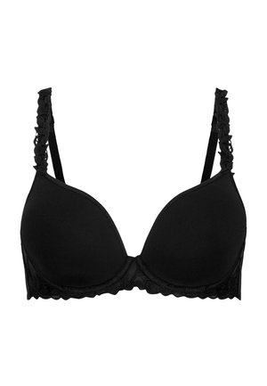 Reggiseno imbottito nero con ferretto, rifinito con pizzo lungo il bordo inferiore e dettagli in pizzo arricciato sulle spalline regolabili.