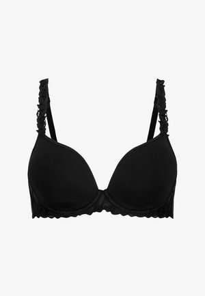Schwarzer, gepolsterter BH mit Bügeln, Spitzenbesatz am unteren Rand und gerafften Spitzenverzierungen an den verstellbaren Schultergurten.