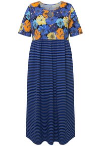 Vestido floral y a rayas con mangas cortas, con un cuello redondo y detalle en forma de ojo de cerradura, hecho de una tela suave en azul, naranja, amarillo y negro.