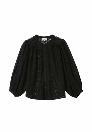 Blouse en dentelle noire avec un décolleté rond, une fermeture à boutons et des manches bouffantes. Le matériau est léger avec un motif floral.