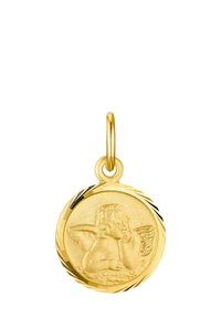 Pendente circolare in oro con cherubino inciso che riposa il capo su una mano e mostra le ali, attaccato a un piccolo anello.