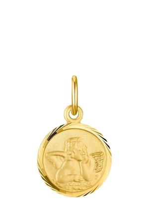 Goldener runder Anhänger mit graviertem Cherub, der seinen Kopf auf eine Hand stützt und sichtbare Flügel hat, angebracht an einer kleinen Schlaufe.