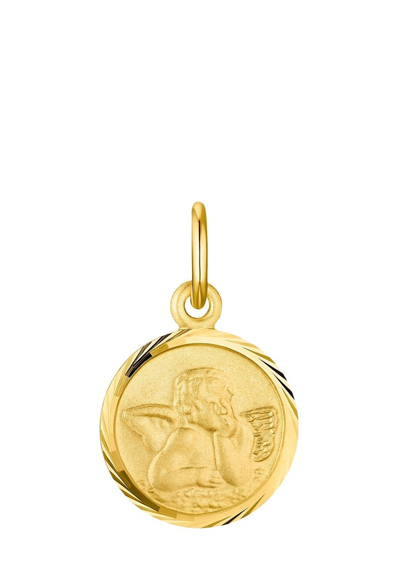 Pendente circolare in oro con cherubino inciso che riposa il capo su una mano e mostra le ali, attaccato a un piccolo anello.