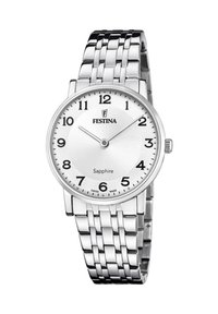 Festina pulkstenis ar sudraba nerūsējošā tērauda rokassprādzi, apaļu baltu ciparnīcu, melniem arābu cipariem un safīra kristālu. Vienkāršs dizains ar gludu tekstūru.