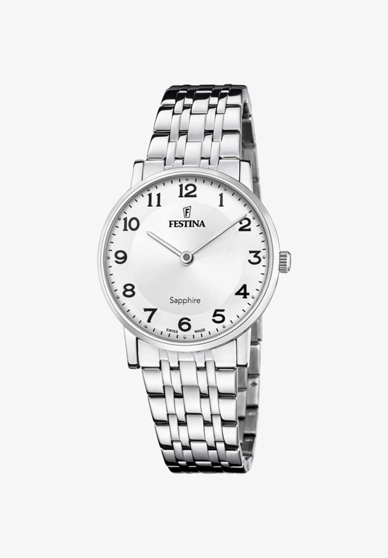 Zegarek Festina z bransoletą ze stali nierdzewnej w kolorze srebrnym, okrągłą białą tarczą, czarnymi arabskimi cyframi i szkiełkiem szafirowym. Prosty design z gładką teksturą.