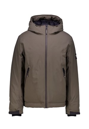 Olivgrüne isolierte Jacke mit hohem Kragen, Frontreißverschluss und zwei seitlichen Reißverschlusstaschen. Verfügt über schwarze Akzente an den Bündchen und dem Logo.