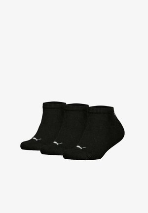 Calcetines negros hasta el tobillo en un paquete de tres, hechos de tela texturizada, con un puño acanalado y pequeños acentos de logo blanco.