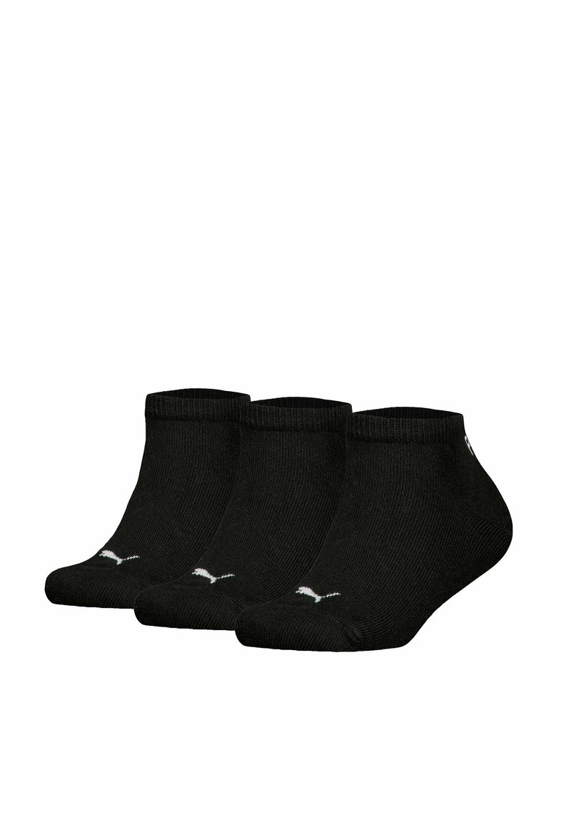 Calcetines negros hasta el tobillo en un paquete de tres, hechos de tela texturizada, con un puño acanalado y pequeños acentos de logo blanco.