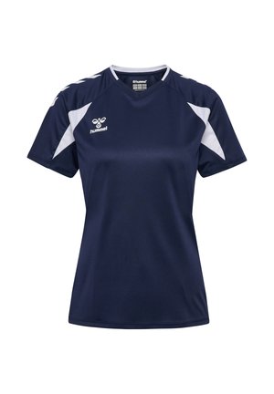 Granatowy sportowy T-shirt z białymi akcentami na ramionach, krótkimi rękawami, dekoltem w serek i białym logo hummel na lewej piersi.