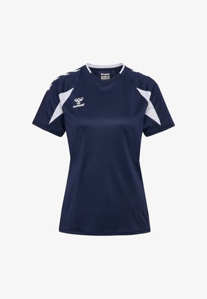 Granatowy sportowy T-shirt z białymi akcentami na ramionach, krótkimi rękawami, dekoltem w serek i białym logo hummel na lewej piersi.