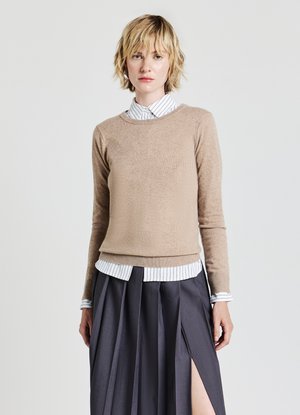Pull en tricot beige à manches longues, col rond et ourlet côtelé, superposé à une chemise blanche à rayures bleues. Jupe plissée noire.