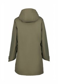 Vihreä vesitiivis takki, jossa on huppu, pitkät hihat ja nappikiinnitteiset hihansuut. Sujuva kangas, suora leikkaus ja ilman näkyviä taskuja.