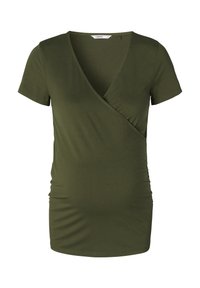 Olivgrön graviditets-topp i mjukt, stretchigt tyg. Har en crossover V-ringning och rynkning på sidorna för en figurnära silhuett.