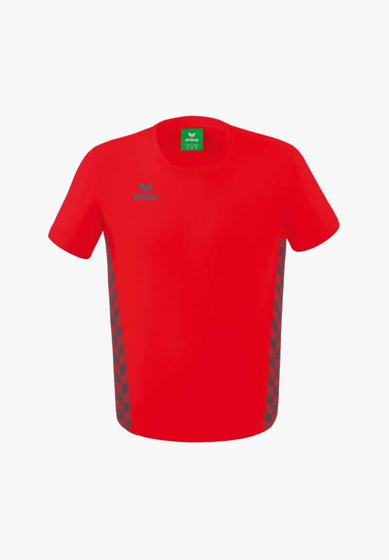 Rode kortemouwen T-shirt van gladde stof, met een grijs patroonaccent aan de zijkanten en een grijs logo op de borst.