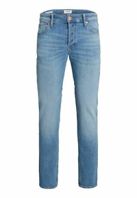 Svetlomodré denimové džínsy so slim fit strihom, dizajnom s piatimi vreckami a kontrastným prešívaním. Majú zapínanie na gombík a jemný efekt vyblednutia.