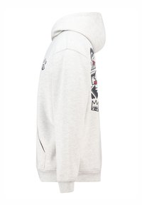 Light grey hoodie made of soft fabric. Features a front pocket, adjustable hood, and graphic design on the left sleeve.