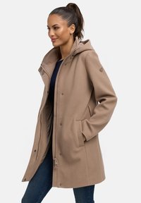 Beige hooded coat with a zip closure, side pockets, and snap buttons; soft fabric with a smooth texture and neutral color.