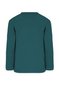 Långärmad t-shirt i teal bomull, med enkel rundhals, rak nederkant och slät textur utan ytterligare mönster eller detaljer.