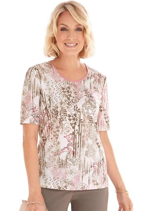 Korte mouwen top in pastelroze met bloemen- en streepjespatronen. Zachte stof met een ronde halslijn en een relaxte pasvorm.