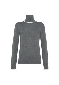 Maglione grigio a collo alto con maniche lunghe, caratterizzato da un motivo di lavorazione a maglia testurizzata e una rifinitura bianca a contrasto attorno al collo e ai polsini.