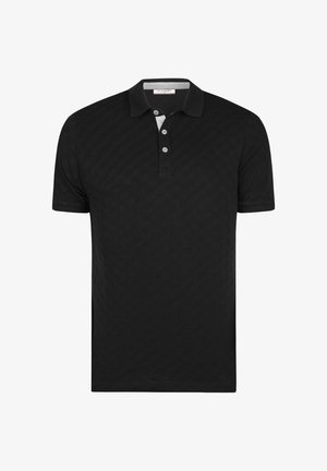 Polo noir à manches courtes avec trois boutons, un col et un motif discret en relief, présenté sur fond blanc.