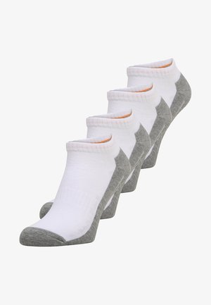 Skarpetki do kostek, w przeważającej części białe z szarymi akcentami, z prążkowanym ściągaczem i gładką teksturą. Każda skarpetka ma pomarańczowy detal na ściągaczu.