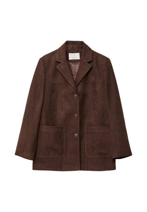 Brauner Wildlederblazer mit Spitzrevers, vier Knöpfen und zwei Fronttaschen. Strukturiertes Material mit glattem Innenfutter.