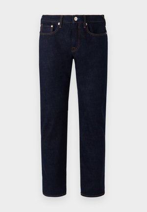 Jeans in denim blu scuro con design a gamba dritta, caratterizzati da cuciture arancioni, cinque tasche e chiusura anteriore con bottone.