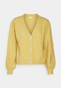 Žlutý cardigan s dlouhým rukávem a výstřihem do V, třemi dekorativními kulatými knoflíky, nabíranými rameny a žebrovanými manžetami a lemem.