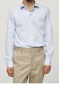 Lichtblau gestreepte lange mouw shirt met een puntige kraag, knoopsluiting en een soepele textuur; gedragen met beige op maat gemaakte pantalon.