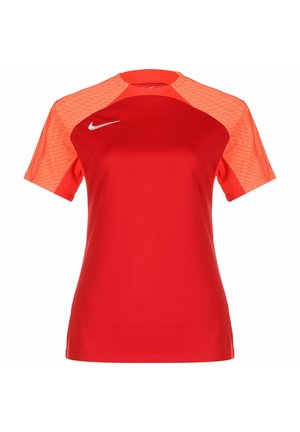 Rode sportieve shirt met korte mouwen, voorzien van een gestructureerd oranje en mesh patroon op de schouders, en een witte Nike-logo op de borst.