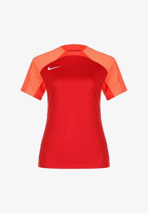 Red athletic shirt with short sleeves, featuring a textured orange and mesh pattern on shoulders, and a white Nike logo on the chest.