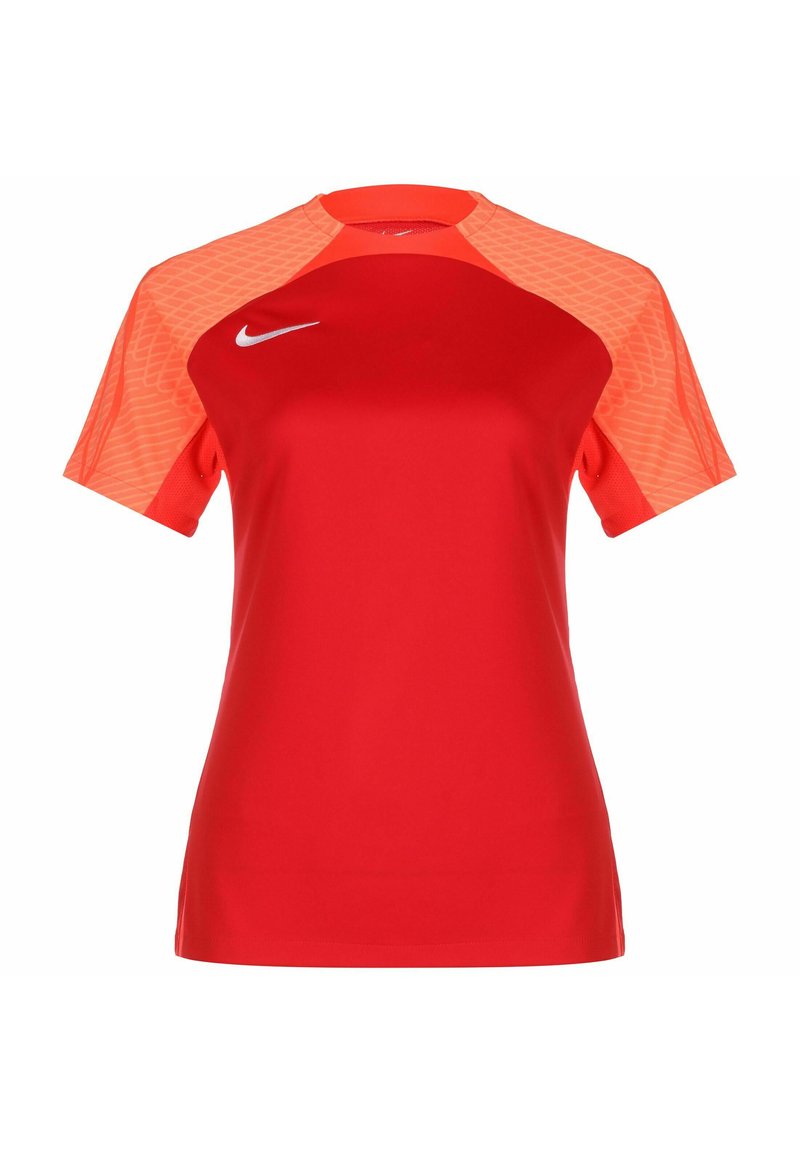 Maglietta sportiva rossa con maniche corte, caratterizzata da un motivo testurizzato arancione e in rete sulle spalle, e da un logo Nike bianco sul petto.