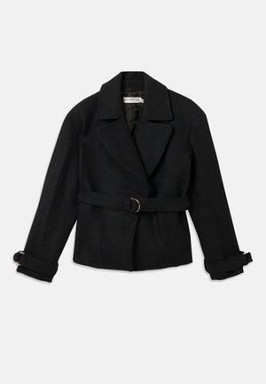 Svart ullblandad jacka med bälte i midjan, snedskurna slag och uppvikta ärmar som har guldfärgad hårdvara. Texturerad yta, skräddarsydd form.