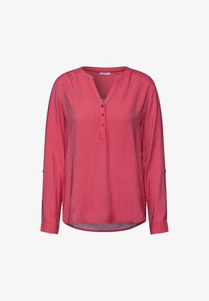 Czerwona i biała w paski koszula z długim rękawem, z zapięciem na guziki, okrągłym dekoltem i podwiniętymi rękawami. Wykonana z lekkiego materiału.