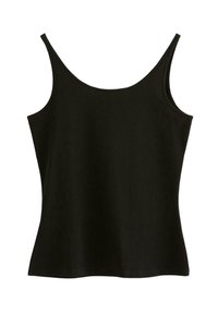 Sort tanktop lavet af blødt, strækbart stof. Den har en rund halsudskæring og tynde stropper, der giver en tætsiddende silhuet.