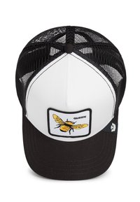 Black and white trucker cap with a patch showing a yellow bee and the word "QUEEN" on the front panel.