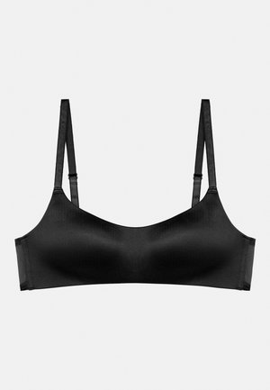 Soutien-gorge sans fil noir avec une finition lisse et mate. Il dispose de bretelles fines et ajustables et d'un design sans coutures, sans matériel ou embellissements visibles.