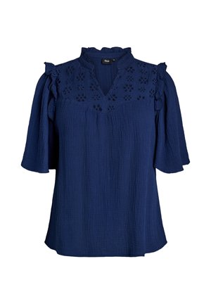 Marineblaue Bluse mit kurzen Flügelärmeln, floraler Durchbruchstickerei auf dem Passe und einem gerafften Stehkragen.