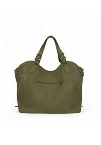 Sac à main en cuir vert olive avec deux poignées courtes, poche zippée à l'avant et surface texturée. Présente des accents de quincaillerie ton argenté.