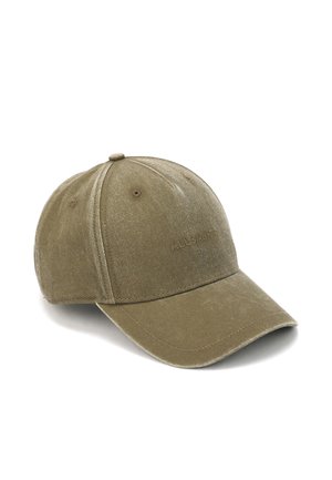 Olive green baseball cap made of soft fabric, featuring a curved brim, six-panel design, and embroidered logo on the front.