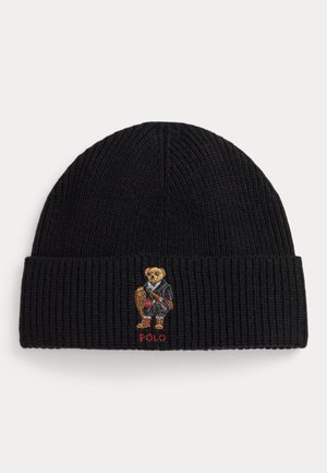 Black ribbed knit beanie featuring an embroidered bear wearing a black outfit and boots with "POLO" stitched in red below.