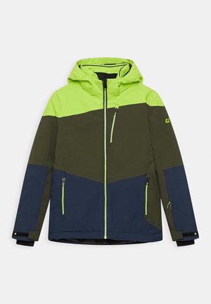 Grüne, dunkelolivfarbene und marineblaue Kapuzenjacke in Farbblock-Design mit Frontreißverschluss, drei Reißverschlusstaschen und verstellbaren Handgelenkriemen.