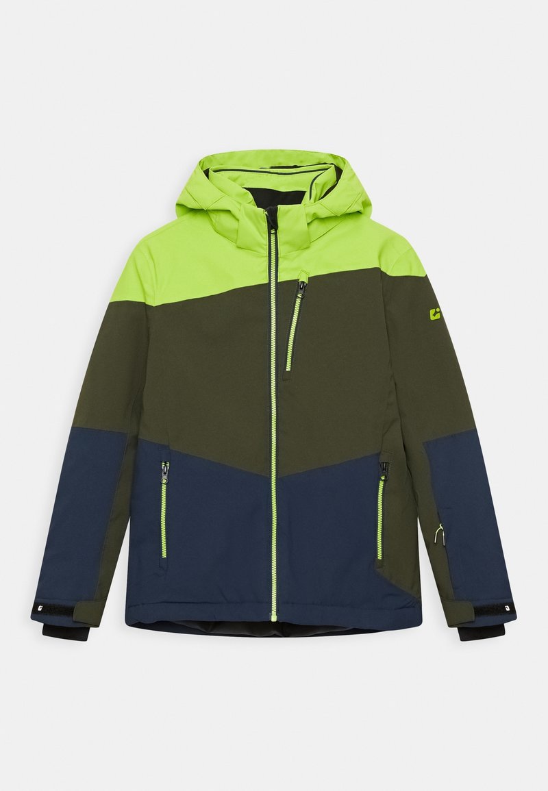 Veste à capuche bicolore vert, olive foncé et bleu marine avec fermeture éclair frontale, trois poches zippées et sangles réglables aux poignets.