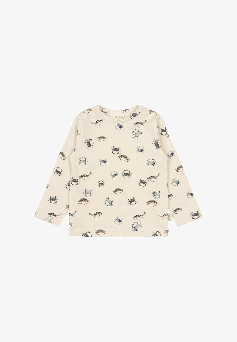 Krém színű, hosszú ujjú póló, melyet különböző színű rákról készült mintázat díszít. Puha pamut anyag, kerek nyakkivágással és egyszerű szegéllyel.