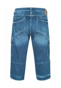 Denim cargoshorts in donkerblauw, met een rechte snit, patchzakken aan de zijkanten en stiksels als accent. Glad materiaal met een vervaagde afwerking.