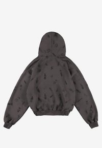 Ciemnoszara bluza z kapturem, z powtarzającym się czarnym wzorem owadów, ściągaczami na mankietach i u dołu oraz luźnym krojem.