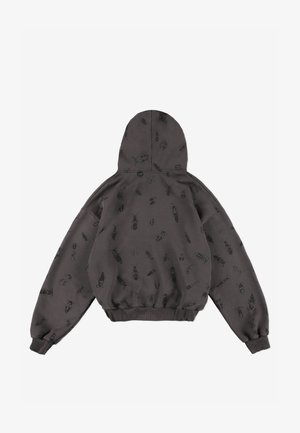 Ciemnoszara bluza z kapturem, z powtarzającym się czarnym wzorem owadów, ściągaczami na mankietach i u dołu oraz luźnym krojem.