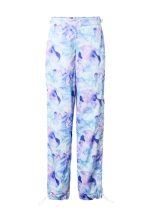 Losse broek met abstract aquarelpatroon in pastelblauwe, paarse en roze tinten, voorzien van verstelbare trekkoorden bij de enkels.