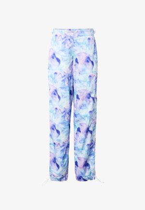Losse broek met abstract aquarelpatroon in pastelblauwe, paarse en roze tinten, voorzien van verstelbare trekkoorden bij de enkels.